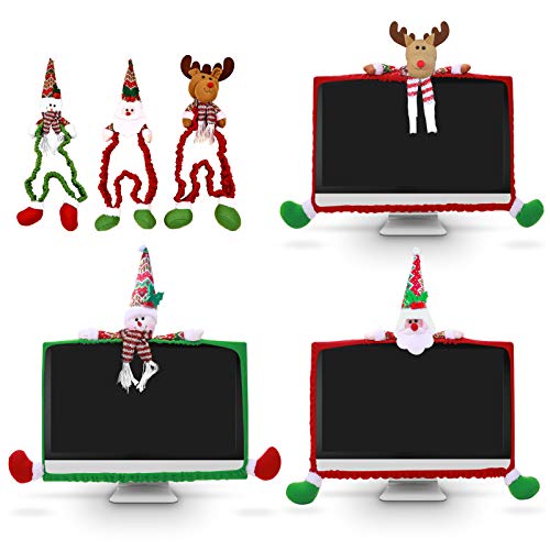 Juego de 3 protectores para monitor de Navidad, muñeco de nieve 3D, muñeco de nieve, alce, Papá Noel, decoración de Navidad, elástica, ajustable, para ordenador portátil, pantalla