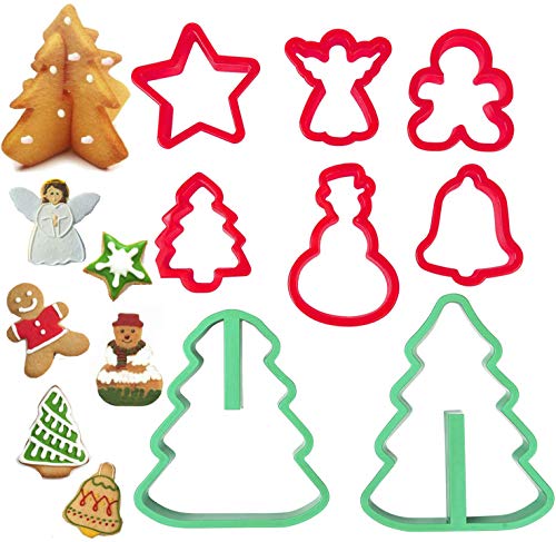 Juego de 8 cortadores de galletas de plástico para Navidad, diseño de estrella, ángel, hombre de jengibre, árbol de Navidad, muñeco de nieve, campana, árbol de Navidad 3D, tamaño pequeño