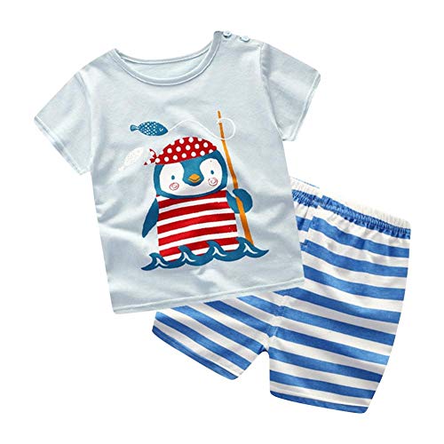 Juego de verano de manga corta para bebé + Pantalones cortos con patrón de dibujos animados de pingüino azul Conjunto de ropa de impresión para niños pequeños(73)