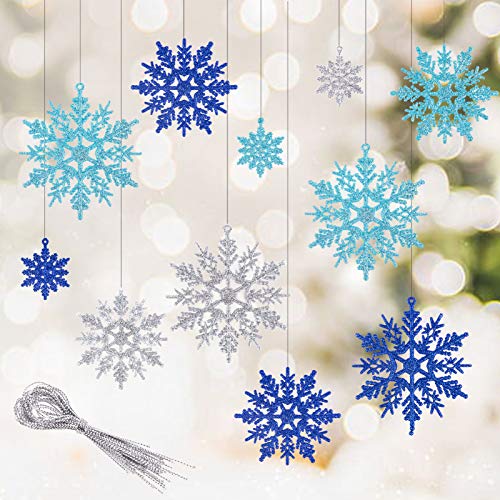 Kiiwah 30 adornos de copo de nieve de Navidad, copo de nieve colgante con purpurina para decoración de árbol de Navidad y guirnalda (azul, azul claro, plata)