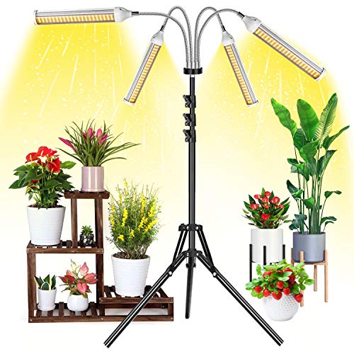 Lámpara de Planta con Soporte, Garpsen Lámpara LED Cultivo para Plantas de Interior, 420 LED de 4 Cabezas, Luz para Plantas de Espectro Completo con Trípode Ajustable (0.3-1.6M) y Temporizador