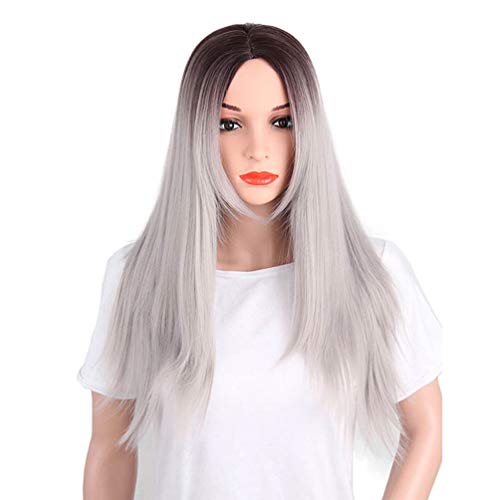 Largo pelo recto pelucas Ombre gris plata peluca para las mujeres para la fiesta diaria cosplay disfraz 25,6"natural de moda resistente al calor de la peluca sintética con gorra no flequillo