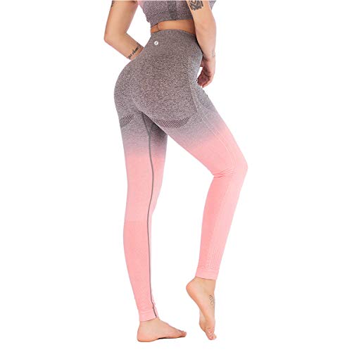 Leoyee Pantalones de chándal de Fitness Pantalones de Yoga de Cintura Alta sin Costura para Entrenamiento Deportivo de Mujer Pantalones Ajustados (Gris Claro/Rosa, S)