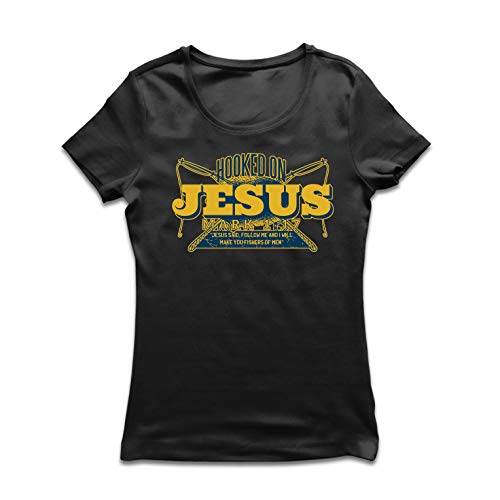 lepni.me Camiseta Mujer Enganchado, Jesús Marcos 1:17, Proverbios Cristianos de Pesca (Small Negro Multicolor)