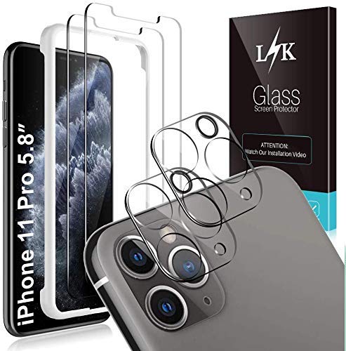 LϟK 4 Pack Protector de Pantalla para iPhone 11 Pro 5.8 pulgada con 2 Pack Cristal Vidrio Templado y 2 Pack Protector de Lente de Cámara - Funda Compatible Sin Burbujas Kit Fácil de Instalar