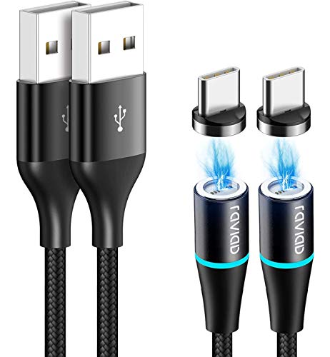 Magnético Cable USB Tipo C, RAVIAD [2 Pack, 2M] Magnetico Cargador Tipo C Carga Rápido y Sincronización Cargador iman para Galaxy S10/S9/S8/Note10, Xiaomi Mi A2/A1, Huawei P30/P20, Xperia XZ, LG G7