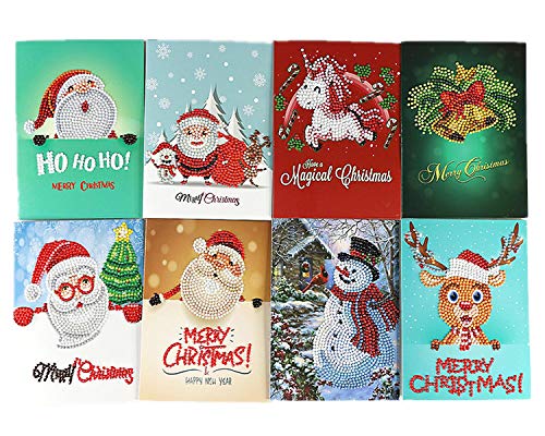 Meccion 8 pcs tarjetas de Navidad 5D DIY pintura de diamantes de imitación tarjetas de felicitación día festivo Kits incluyen campanas de Navidad, reno, muñeco de nieve, tarjetas de Papá Noel