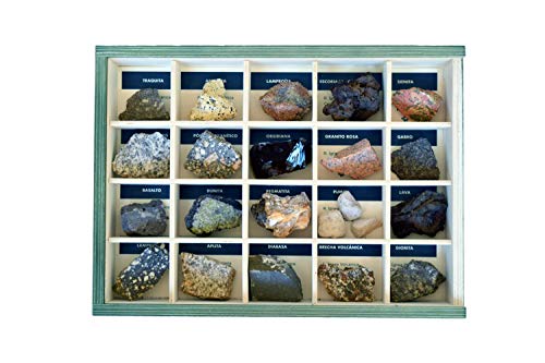 MINERALES Y FOSILES NANO Colección de 20 Rocas Ígneas Premium en Caja de Madera Natural - Rocas educativas de Gran tamaño con Hoja de descripción. Kit Geología para niños