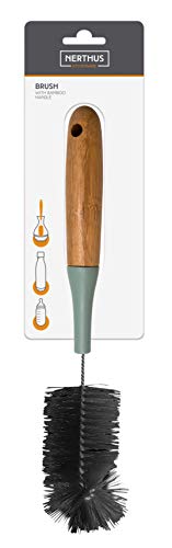 NERTHUS 655 FIH-Cepillo para Limpiar Mango de Bambú, Ideal para la Limpieza de Las Botellas de Doble Pared, Acero Inoxidable, Negro/Marron, 31 x 4,6 x 4,6 cm