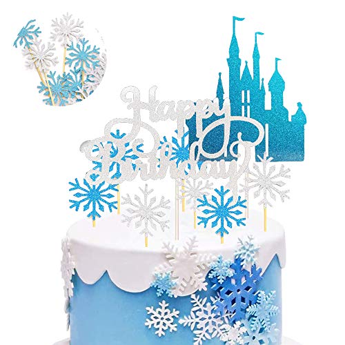 Pastel Toppers - SUNSK Happy Birthday Torta Primeros copos de nieve cumpleaños fiesta Decoración Plata Azul Castillo Pastel Adorno Cake Topper 42 Piezas