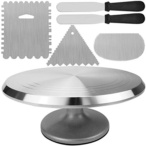 Plato giratorio de aluminio para tartas, soporte giratorio de 30,5 cm con 2 espátulas de glaseado y 3 peinetas de acero inoxidable para hornear pasteles