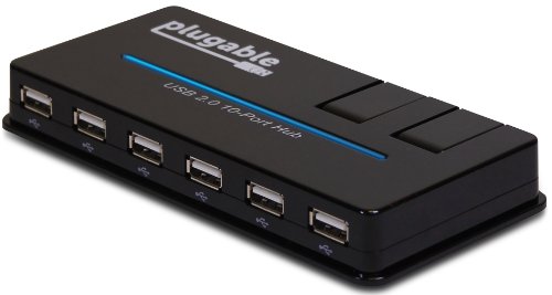 Plugable Hub de Diez Puertos de Alta Velocidad USB 2.0, con Adaptador de 20 W y Dos Puertos abatibles de Carga Inteligente (Asistencia de Carga BC 1.2 para iOS, Android y Windows Mobile)