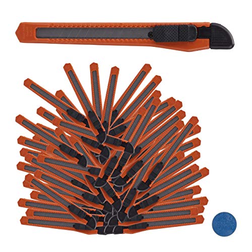 Relaxdays, Naranja Set de 100 cúteres, Biselado, Cuchillas de 9 mm, para Cajas o Manualidades, plástico, Metal, estándar