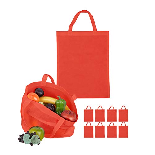 Relaxdays Set de 10 Bolsas Reutilizables para la Compra, Asas Cortas, 49,5 x 40 cm, Rojo
