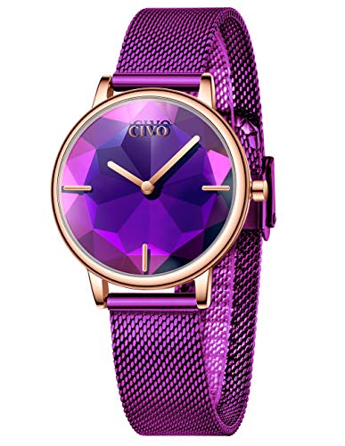 Reloj Mujer Fino Acero Inoxidable Morado Reloj Infantil Niña Impermeable Elegante Relojes de Pulsera Deportivos Malla Analogicos Reloj Niños