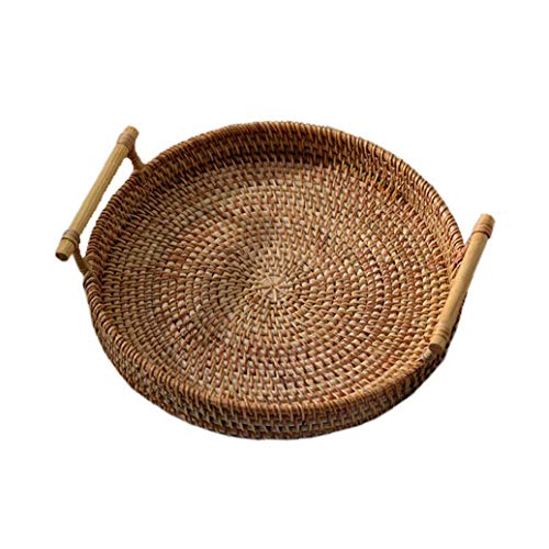 Ronda Rattan Bandeja de almacenamiento tejido a mano la cesta de mimbre con asa de pan de fruta Comida El desayuno Display (22x7cm) Accesorios de jardín