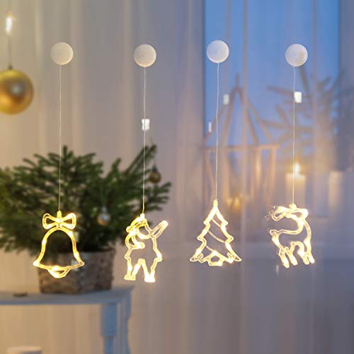 SALCAR Cadena de luces LED,40 LED para juego de decoración LED de 4 piezas, muñeco de nieve, reno, campana y árbol de Navidad, Funciona con batería con ventosa. Para ventana de Navidad -Blanco cálido.