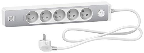 Schneider Electric SC5ST935U1WA - Cable alargador de 5 enchufes 2P + T, Acabado en Aluminio Pulido, 2 USB, 1,5 m, Color Blanco