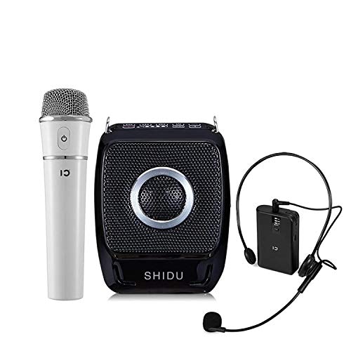 SHIDU Mini amplificador de voz recargable portátil de 25 vatios Sistema de altavoces con dos micrófonos UHF Micrófono de mano compacto y auricular inalámbrico para karaoke maestros guías turísticos