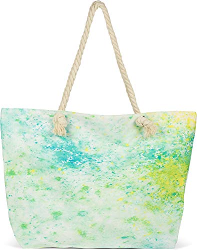 styleBREAKER Bolsa de playa XXL para damas con estampado de manchas coloridas, cremallera, bolsa de hombro, comprador 02012345, color:Verde-amarillo-azul