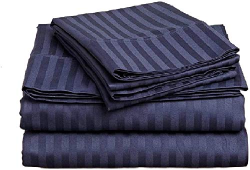 Tula Linen Juego de sábanas de 1000 Hilos, 4 Piezas Rayas tamaño tamaño de Bolsillo de 44cm Material 100% de algodón Egipcio (UK Super King 180cm x 200cm, Azul Marino)