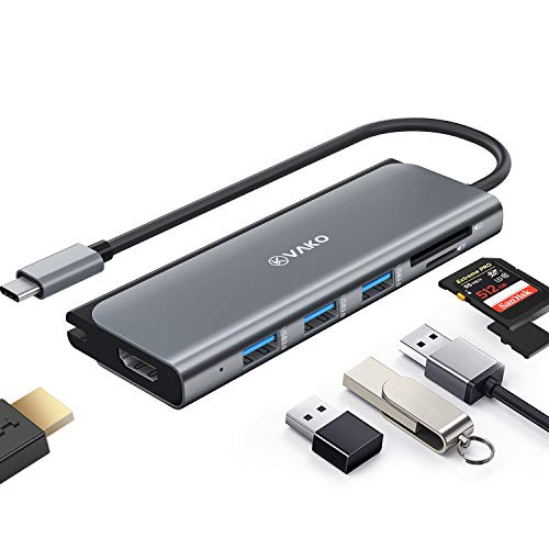 VaKo USB C Hub – Adaptador HDMI 4 K, 7 puertos con 3 puertos USB 3.0, lector de tarjetas SD/TF, 4 K @ 30 Hz HDMI para MacBook Pro/Air, Chromebook y otros dispositivos tipo C
