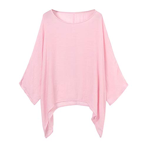 VEMOW Blusas Mujer Tops Damas de Mujer Camisetas Casual Talla Grande Algodón Lino Suelto Blusas de Color sólido Camisa(Rosado,XL)