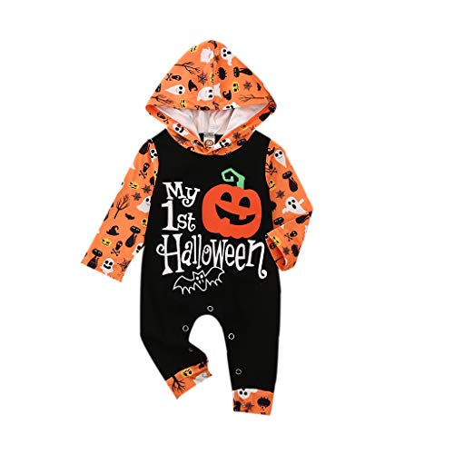 Young Forever Disfraz de Halloween para bebé, niño o niña, con capucha y calabaza, una sola pieza Negro 12-18 Meses