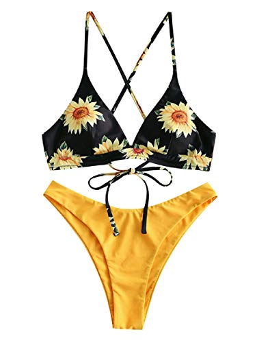 ZAFUL Conjunto de bikini de dos piezas, estampado de girasoles para mujer con sujetador push-up acolchado para la playa Negro L