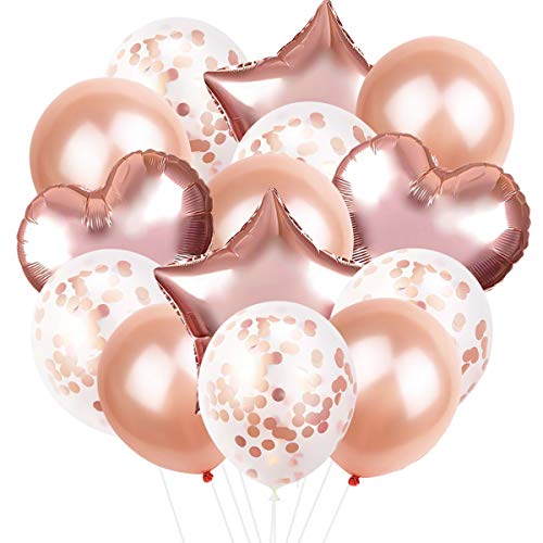 14 Piezas Oro Rosa Globos de Fiesta, Conjunto de Mezcla de 5 Piezas Globos de Confeti, 5 Piezas Globos de Látex, 4 Piezas Globos de Lámina para Decoración de Cumpleaños, Ceremonia de la Boda