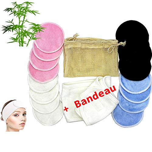 Algodón desmaquillante lavable fibra de bambú lavable 16, más diadema para el pelo de terciopelo, red de limpieza natural de bambú, algodón reutilizable, cero residuo, disco desmaquillante orgánico,