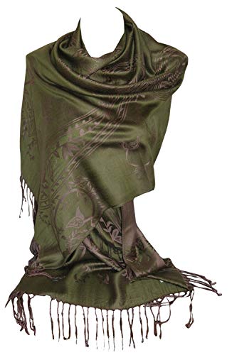 Bullahshah Bufanda reversible con estampado de dos caras Pashmina Feel scarf, intrincados remolinos florales, estola/pañuelos para la cabeza para mujeres/niñas (Verde Oliva/Marrón)