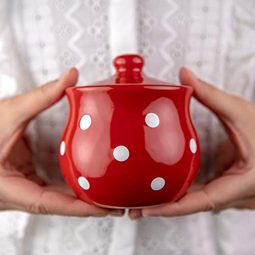 City to Cottage® Azucarero de cerámica pintado a mano, diseño de lunares, color rojo y blanco con tapa, tarro de miel