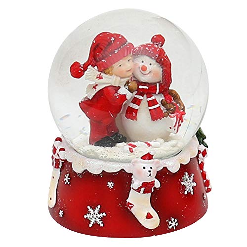Dekohelden24 Bola de nieve, muñeco de nieve con niño, color rojo y blanco, dimensiones de la bola: aprox. 8,5 x 7 cm / diámetro 6,5 cm.
