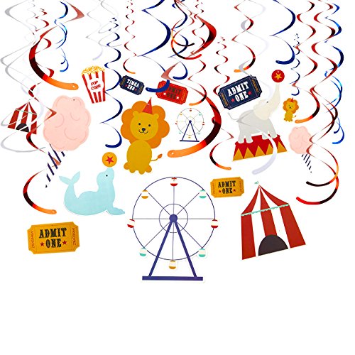 Juvale Decoración de espirales de 30 hilos, diseño de circo para cumpleaños, decoración de fiestas, esmeriladores de techo, varios diseños y colores, longitud de colgante: 86,36 a 91,44 cm