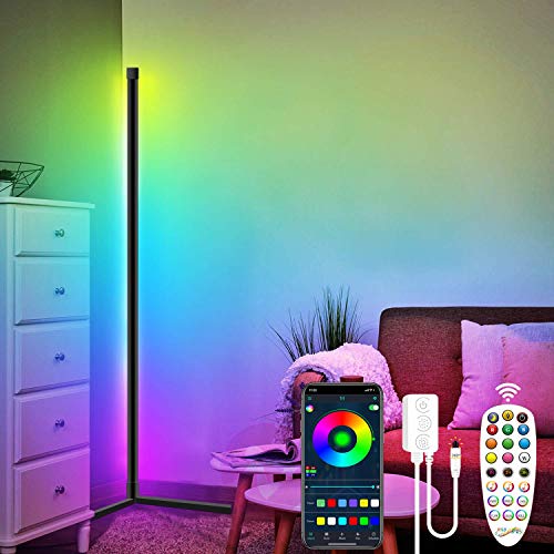 Lámpara de pie LED RGB color moderno estilo minimalista, lámpara de pie de esquina de brillo ajustable con control remoto, para sala de estar, dormitorio, negro, base en ángulo recto