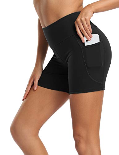 MOVE BEYOND 13cm Pantalones Cortos Deportivo para Mujer con 2 Bolsillos Laterales Cintura Alta para Yoga Correr Ejercicio, Negro, XS