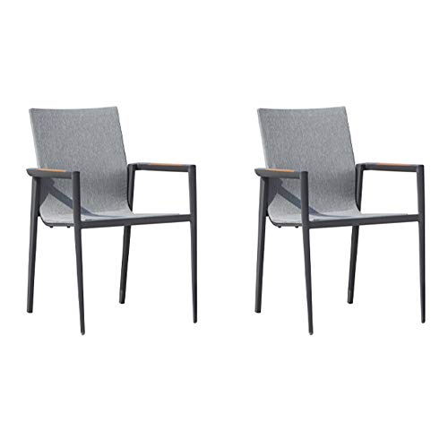 Muebletmoi - Juego de 2 sillas de jardín de aluminio gris, reposabrazos de teca y tejido textilene gris – Road