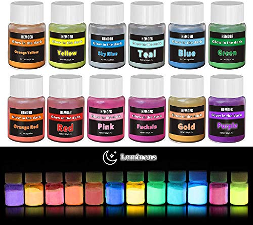 Pigmento de Resina Epoxi Fluorescente - 12 Colores x20g Resina Epoxídica Pigmento de Polvo Luminoso - Glow In The Dark Pigment Luminiscentes Powder para Resin, Slime, Uñas, Pintura