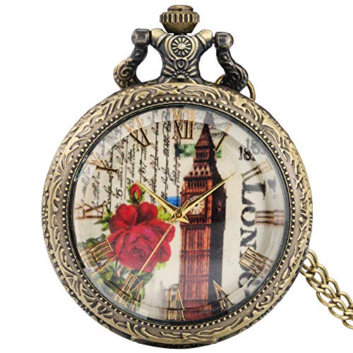 Reloj de bolsillo con cubierta de cristal transparente típico para hombres, bonito reloj de bolsillo con esfera de Londres para mujer, de aleación duradera con colgante de cadena delgada para mujer