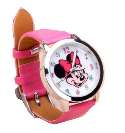 Reloj de pulsera para niñas con diseño de Minnie Mouse, color rosa oscuro, correa de piel analógica, color rosa