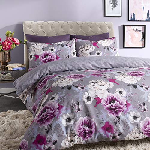 Sleepdown Inky - Funda de edredón Reversible, diseño Floral, Color Azul, algodón poliéster, Gris, Matrimonio Grande