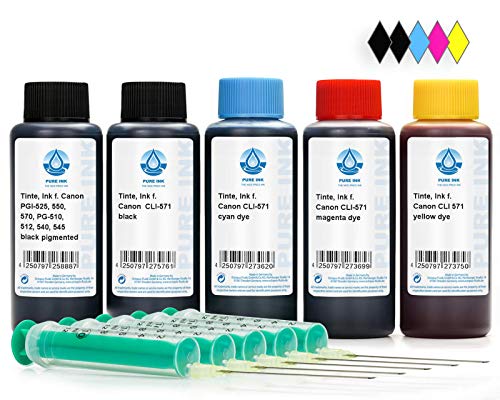 Tinta de recarga Pure Ink 5x 100 ml, tinta de impresora compatible para Canon PGI-570, CLI-571, Canon Pixma MG 5700, 5750, 5751, 5752, 5753, 6800, 6850, 6851, 6852, 6853, 7700, 7750, 7751, 7752, 7753