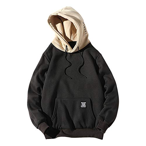 ZAFUL Sudadera con capucha para hombre, contraste con cordón, parche con detalle de solapa, bolsillo de forro polar, sudadera informal Negro S