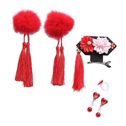 ESHOO 6 pcs/Set poco niñas accesorios para el cabello, las chicas Pom Pom borla Hairclip horquilla, Qing dinastía princesa traje de decoraciones del pelo