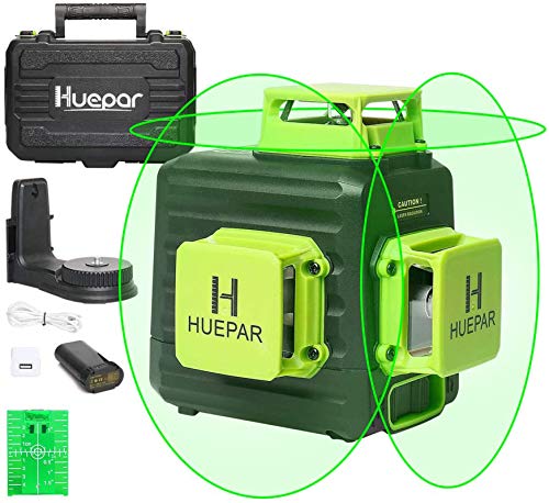 Huepar B03CG 3X360 Nivel Láser Verde 12 Líneas, MODO DE PULSO, Batería de Litio Recargable USB, Autonivelante Líneas Cruzado, 360 Líneas Vertical/Horizontal Conmutables, Base Magnético+Bolsa Portátil