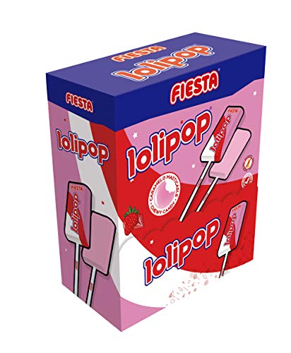 FIESTA Lolipop Caramelo Masticable con Palo Sabor Fresa - Caja de 100 unidades