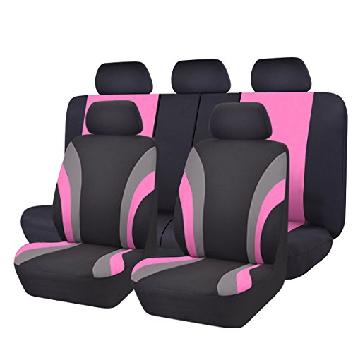 Funda para asiento de coche, 11 unidades, ajuste universal, 100% transpirable con esponja compuesta de 5 mm en el interior, compatible con airbag (negro y rojo rosa)