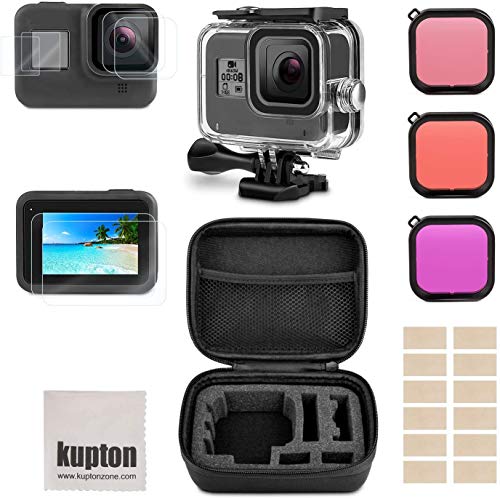 Kupton Kit de Accesorios para GoPro Hero 8 Black, Incluye Carcasa Impermeable +Protector de Pantalla de Vidrio Templado +Estuche de Transporte +Inserciones Antiniebla para Go Pro Hero8