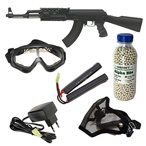 Pack iniciación Fusil Airsoft AK47 tactica Cyma con batería y Cargador + Gafas de protección + máscara de Rejilla + 3000 Bolas 0,25 g